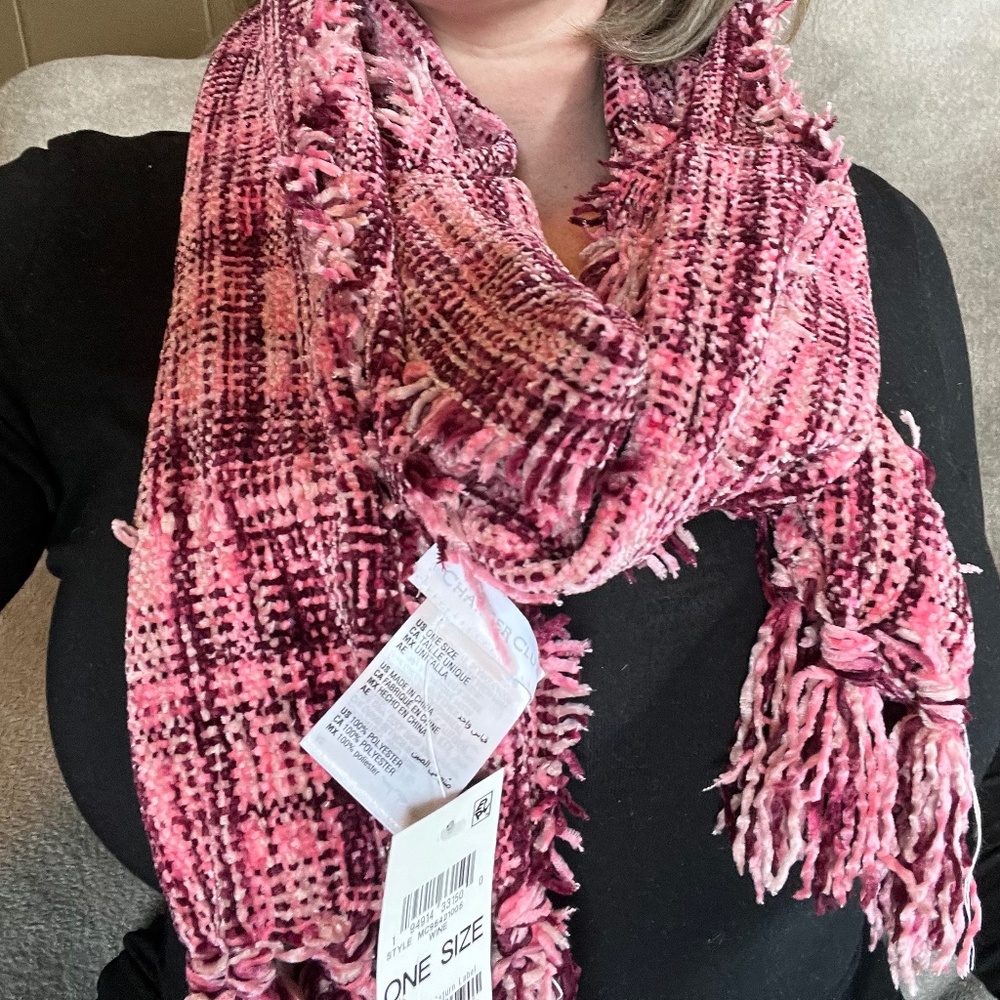 Cashmere Club Knit Wrap Chenille Scarf, Wine, New with Tags